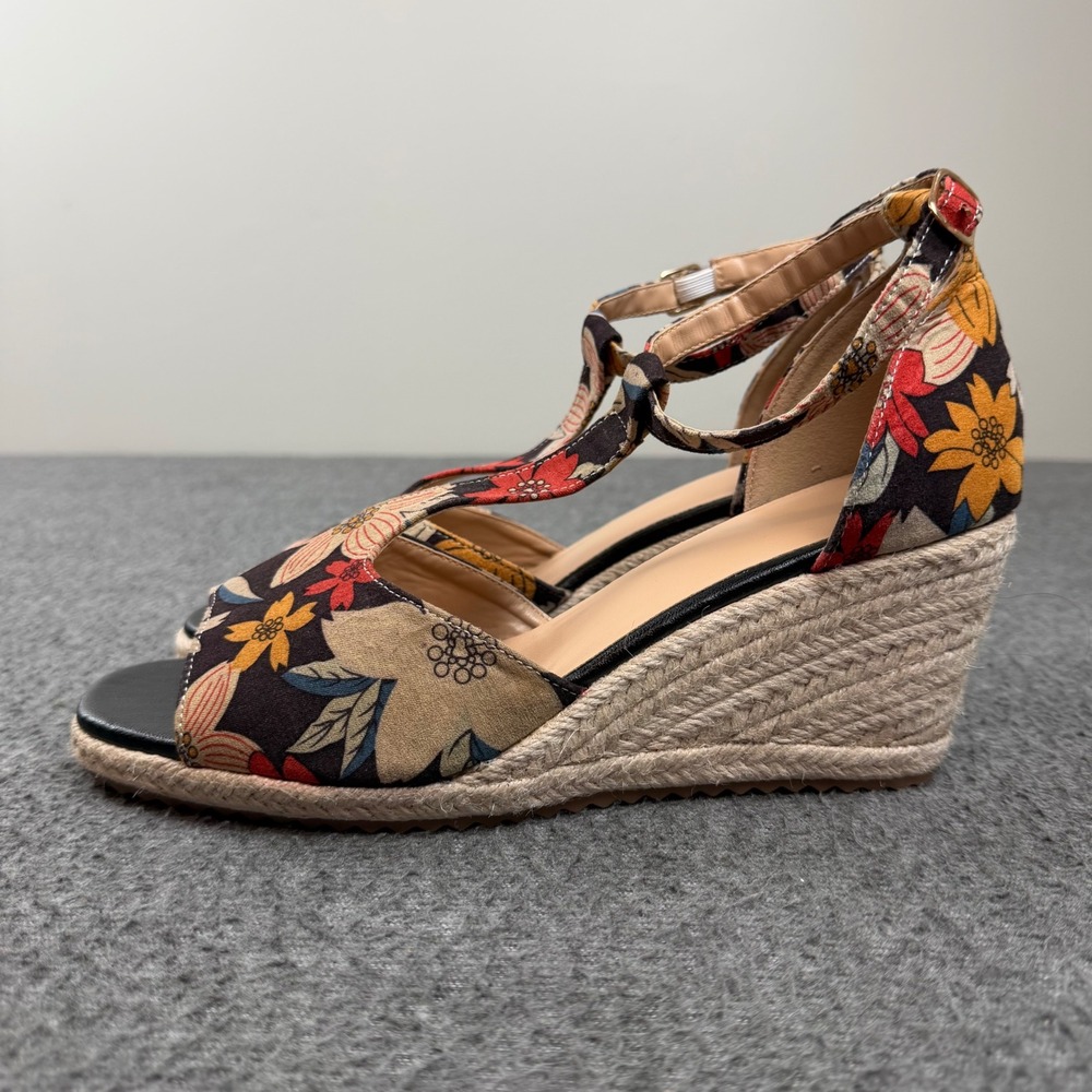 Floral Espadrille Wedge Sandals Women's 9.5 Multicolor T-Strap Jute Heel